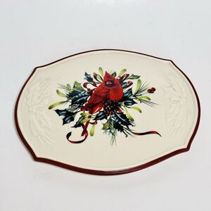 Lenox Winter Greetings Cardinal Embossed Platter 8.5" Trivet Tray Holiday Footed